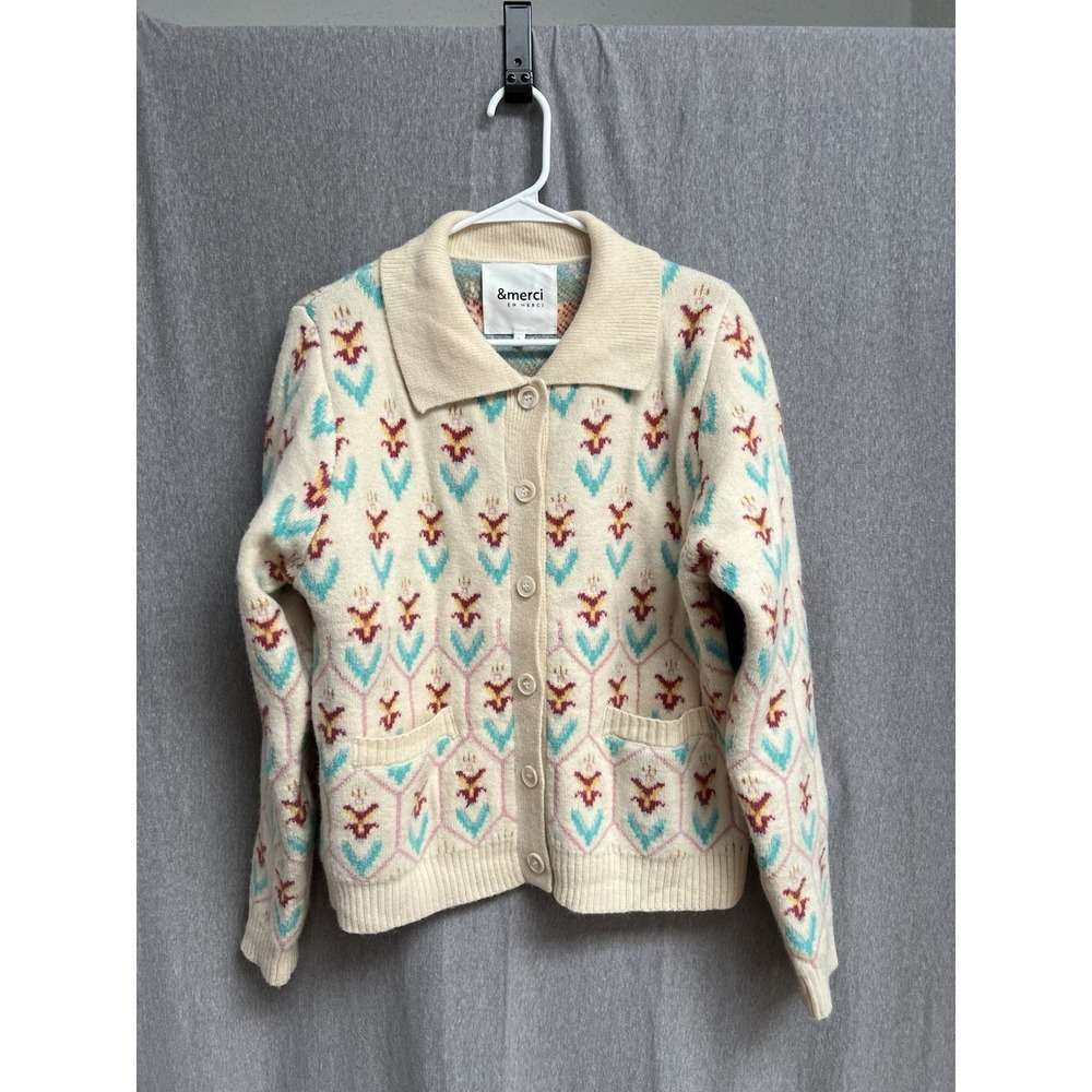 &merci Knit Cardigan Sweater Womens Sz L Floral Buttons Soft Collared